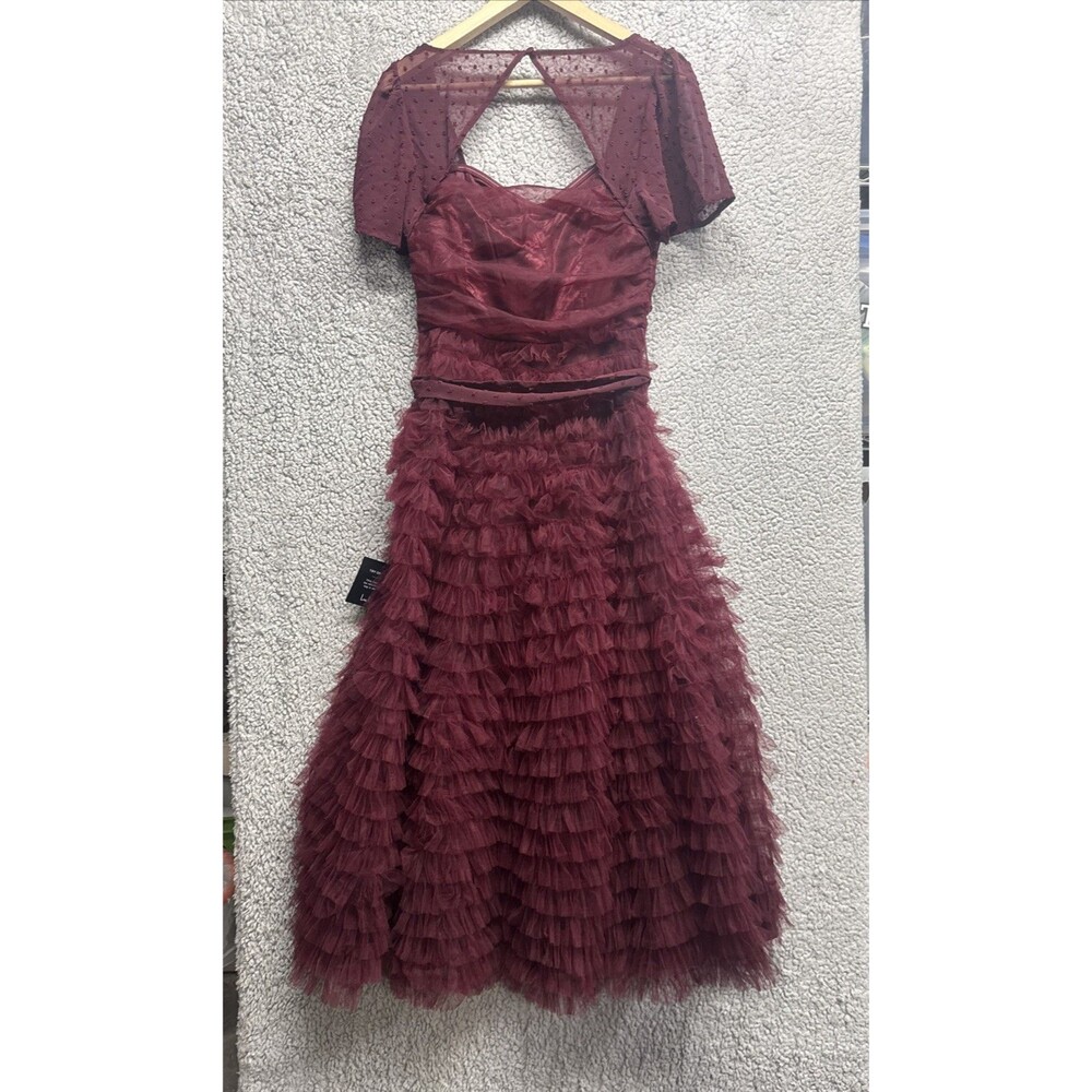 LULUS Elegant Red Wine Cocktail Dress Size S Dot Tullie Ruffles NWT - Picture 8 of 11